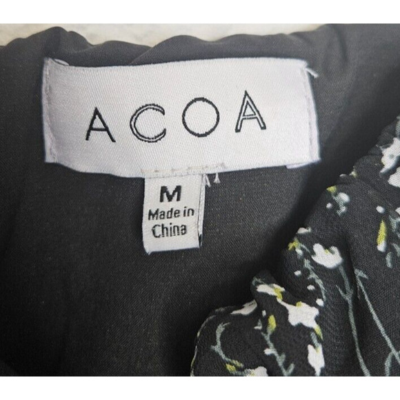 ACOA Womens Mini Dress Medium Black White Floral Smocked Long Sleeve Ruffle Boho - Picture 8 of 12